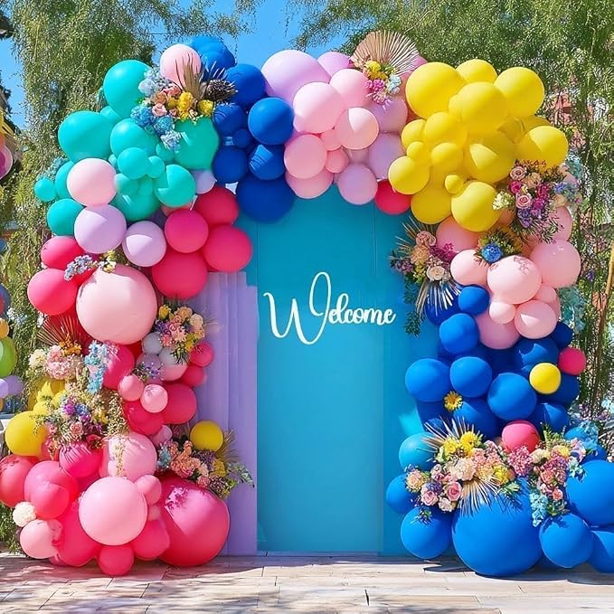 Hot Pink Blue Yellow Balloon Garland, Double Stuffed Royal Blue Teal Lavender Balloons Pastel Balloon Arch Kit for Tropical Hawaii Graduation Birthday Baby Shower Party Decorations