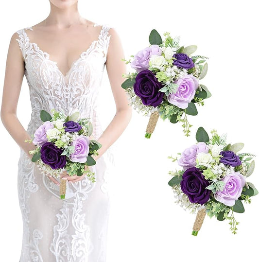 Wedding Bridesmaids Bouquet Set of 2 - Artificial Flowers Bouquets for Bridesmaid Pre-Made 7 Inch Faux Small Floral Bouquets Bridal Shower, Wedding, Ceremony, Anniversary - Purple