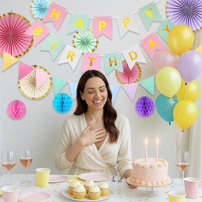 Pastel Birthday Party Decoration, Macaron Happy Birthday Party Decoration for Girls Women with Happy Birthday Banner Bunting Hanging Paper Fans, Girl Woman Pastel Birthday Honeycomb Decoration