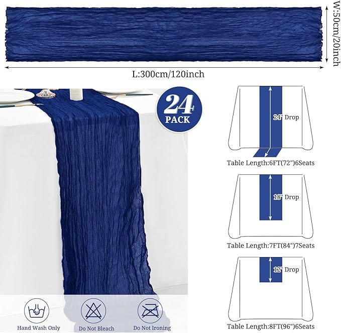 24 Pack Royal Blue Cheesecloth Table Runner,10FT Gauze Boho Long Cheesecloth Table Runners 20x120inch Rustic Cheese Cloth Table Runner for Wedding Party Bridal Shower,Table Decorations