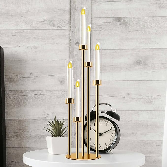 Candelabra Gold Centerpiece 5 Arms Taper Candle Holder Gold Centerpiece with Acrylic Tubes for Table Decoration Wedding Event Party Aisle Stage Home Decor (2, M)