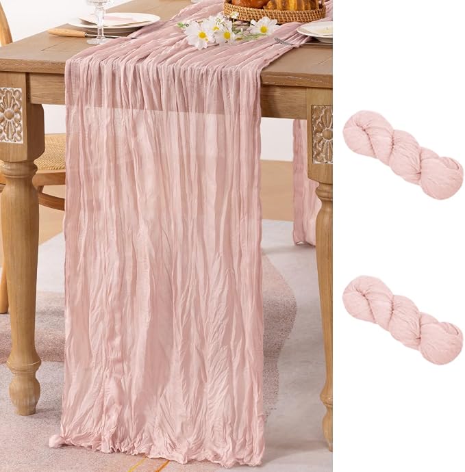 MLMC 2 Pack Pink Table Runner Boho Cheesecloth Table Runner 10ft Rustic Dusty Pink Gauze Cheese Cloth Centerpiece Decor 35x120 Inches for Wedding Bridal Shower Birthday Party