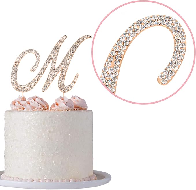 Letter M Cake Topper - Premium Rose Gold Metal - M Monogram Wedding or Anniversary Party Sparkly Rhinestone Initial Decoration Makes a Great Centerpiece - Now Protected in a Box