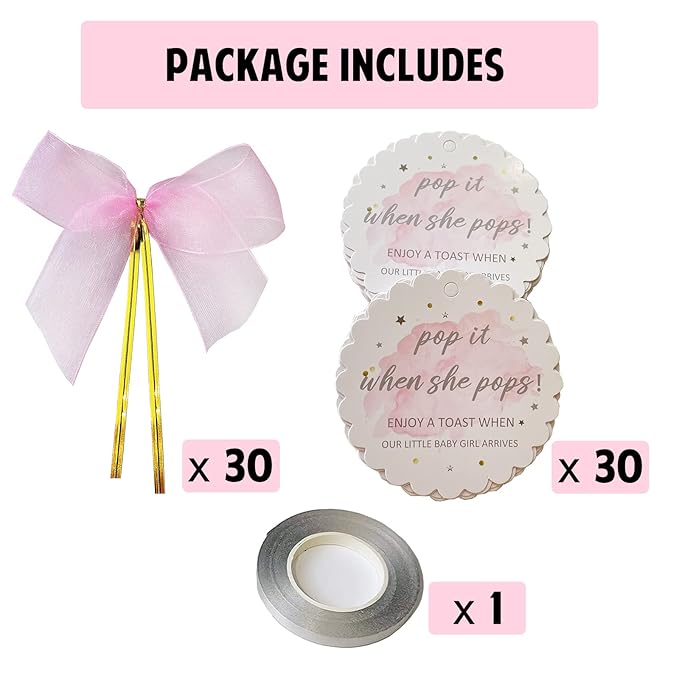Pink Pop It When She Pops Baby Shower Bottle Tags, Pop the Bubbly When She Pops Tags, Girls’ Champagne Baby Shower Favor Label with Bows Set of 30