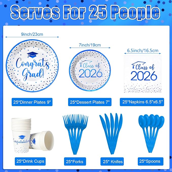 175pcs Class of 2026 Graduation Plates and Napkins Set, Disposable Paper Plate Set Polka Dots Napkins Cups Knife Fork Spoon for Graduation Party Decorations and Supplies,Serve 25 (White Blue)