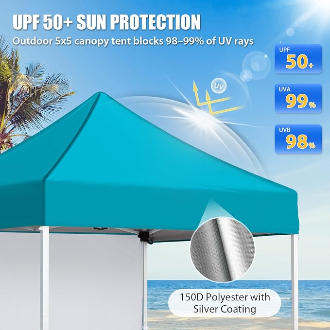 EAGLE PEAK Pop up Canopy 5x5, Outdoor Portable Canopy Tent with One Removable Sunwall, Carry Bag Included, Turquoise