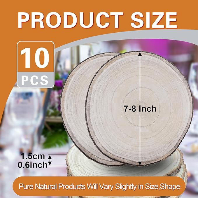 Wood Slices for Centerpieces,Large Wood Slices 10 Pcs 7-8 Inches Natural Paulownia Wood Rounds Natural Wood Slices,Wood Slabs for Weddings Centerpieces Decor and DIY Painting Crafts(7-8 inch 10 Pcs)