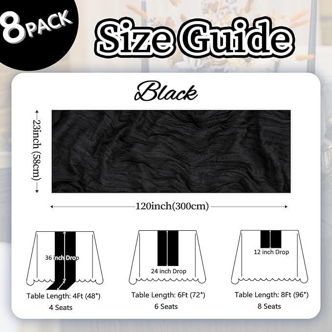 8 Pack Table Runner Black Cheesecloth 10ft Boho Gauze Fabric 120 Inch Cheese Cloth Table Runner Rustic Sheer for Holiday Baby Shower Party Décor Home Wedding Decoration