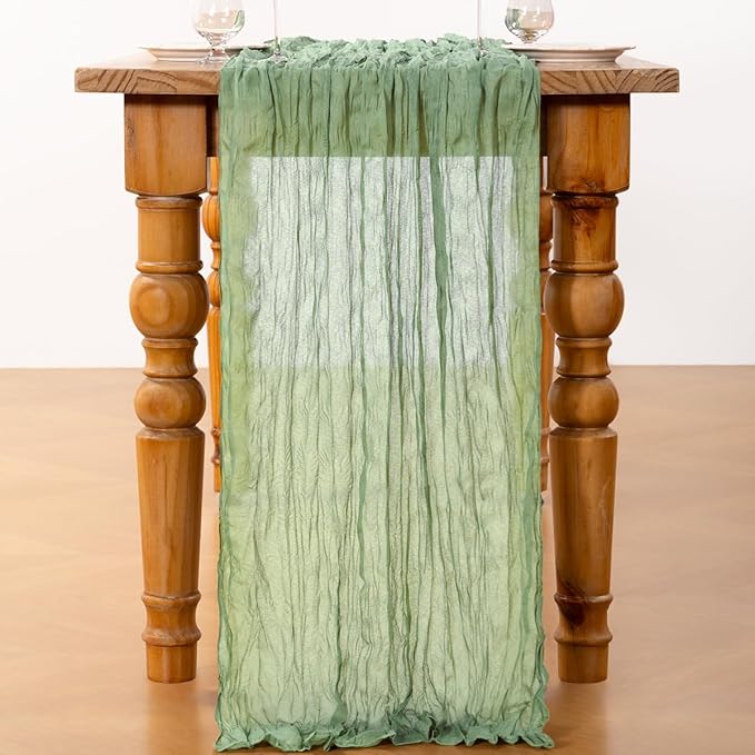 DeZerlor Sage Green Cheesecloth Table Runner 4 Pack Spring Easter Table Runners Boho Gauze 120 Inches Sage Cheese Cloth Table Decor for Wedding Bridal Baby Shower Parties