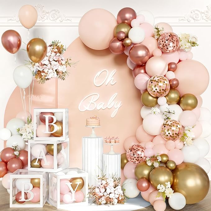 144Pcs Rose Gold Baby Shower Decorations for Girl - Pink Balloon Garland Arch Kit with 4 Baby Boxes - Metallic Gold Confetti Balloons for Princess Birthday, Bridal Shower Background