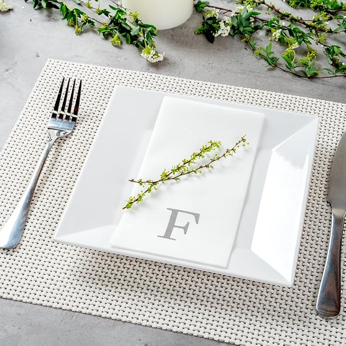 Luxenap 15.8 X 7.9 Inch Linen-Feel Guest Towels, 50 Lettered Hand Towels - Silver Letter 'F', Sans Serif Font, White Paper Dinner Napkins, airlaid, For Restrooms And Tables - Restaurantware