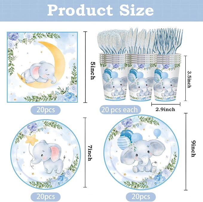 140 Pcs Elephant Boy Baby Shower Decorations Baby Party Supplies Elephant Baby Shower Paper Plates Napkins Cups Baby Elephant Birthday Decorations Serves 20