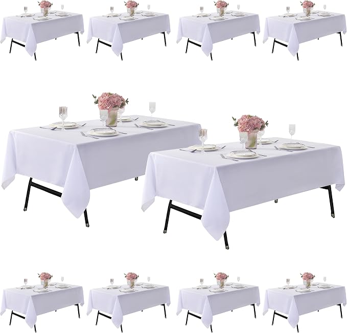 10-Pack 60x144 inch White Table Cloths, Solid Stain and Wrinkle Resistant Oblong Tablecloth, Premium Plain Weave Polyester Fabric Rectangle Table Linen Covers for Hotel, Banquet