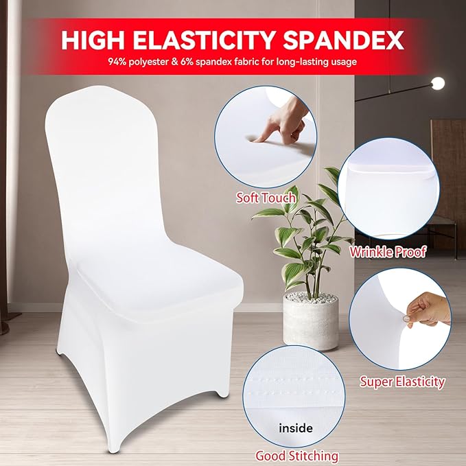 LIUJIAYI 100 Pcs White Stretch Chair Covers - Premium Polyester Spandex Slipcovers for Wedding, Party, Banquet, Dining & Event Chairs