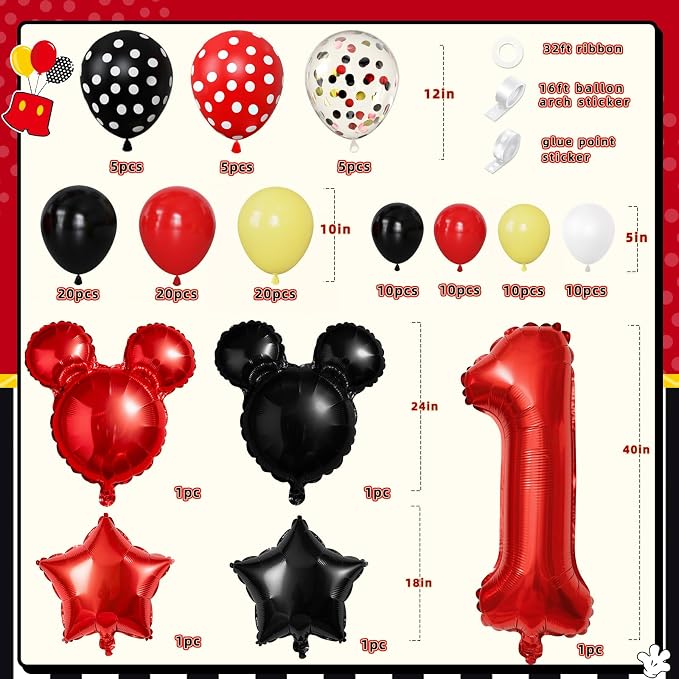 Mouse 1st Birthday Party Decorations 143Pcs First Birthday Decorations Backdrop Balloons Arch Box High Chair Banner Bday Party Idea for Baby Boys Girls ﻿