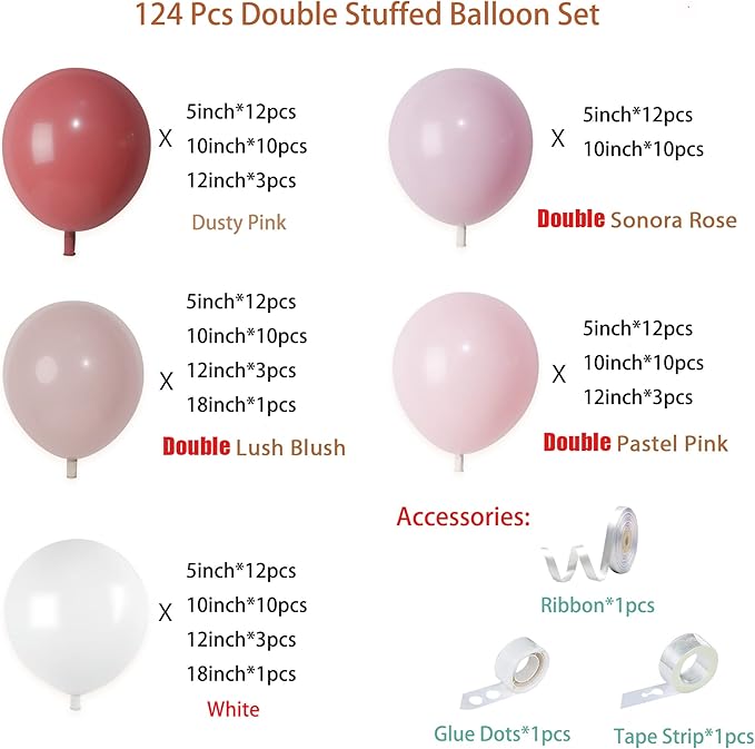 Dusty Rose Pink and White Balloons Garland Arch Kit Double Stuffed Matte Light Pink Blush Pink Latex Balloon Different Sizes 18 12 10 5In Boho Ballon for Birthday Party Holiday Decorations