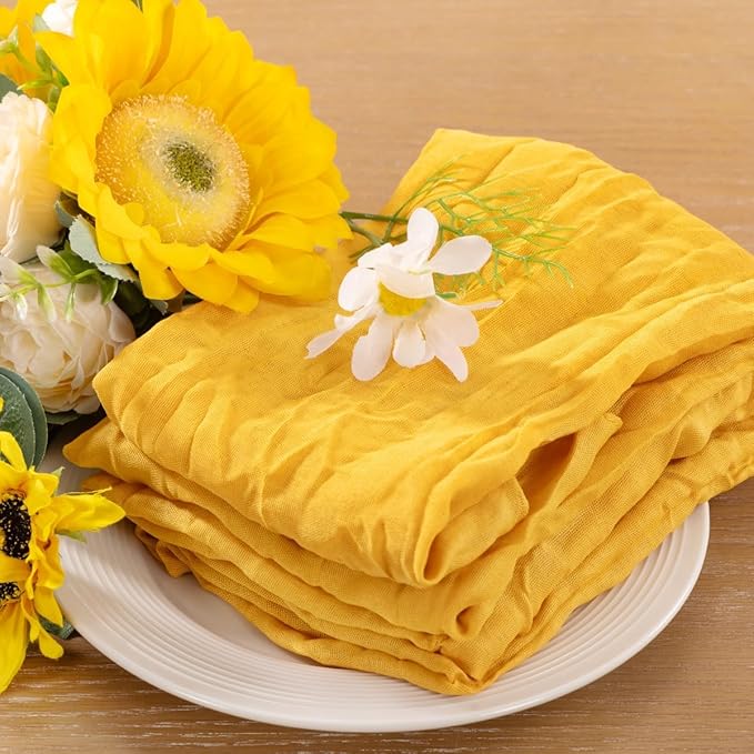10pcs Gold Cheesecloth Napkins Spring Washable Boho Rustic Gauze Table Cloth Napkins Bulk 21x21 Inches for Wedding Party Bridal Baby Shower Birthday Table Decor