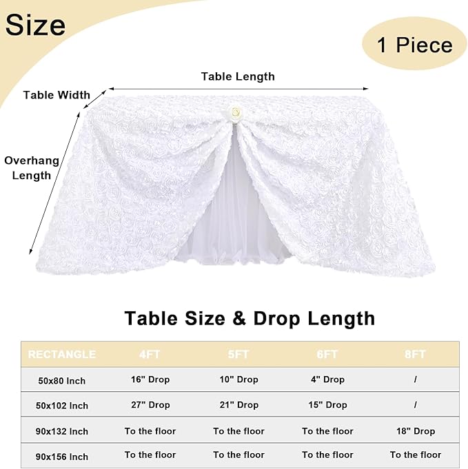 Fanqisi Rosette Tablecloth White 50x80 Inches Rectangular 3D Floral Satin Rosette Fabric Table Cover Grandiose Wedding Party Baby Shower Decorations