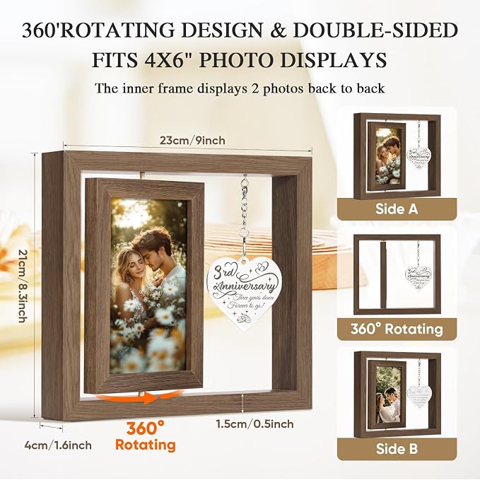 3 Year Anniversary Picture Frame Gifts for Him Her Couple Men Women Husband Wife Boyfriend Girlfriend, 3rd Anniversary Wood Gifts, Best Three Third Year Gift Decorations