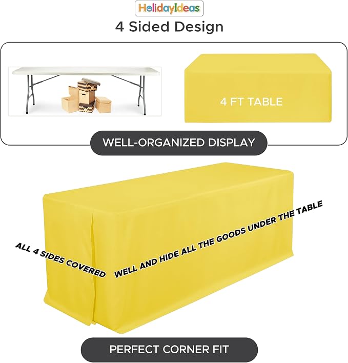 HolidayIdeas 4-Pack 4ft Yellow Rectangle Craft Shows Fitted Tablecloth | Wrinkle resistant table covers; bulk quantity pack for professional trade exhibition displays or vendor booths