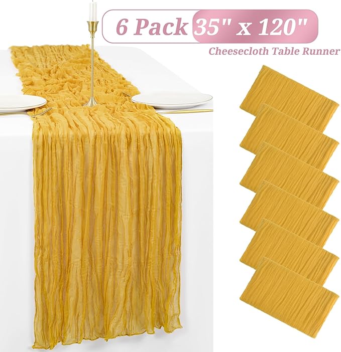 Showgeous 6 Pack Mustard Cheesecloth Table Runner Gauze Table Runner 10FT Long Semi-Sheer Table Runner Boho or Rustic Wedding Table Decor for Wedding Decor Arch Draping Bridal Shower Holiday Party