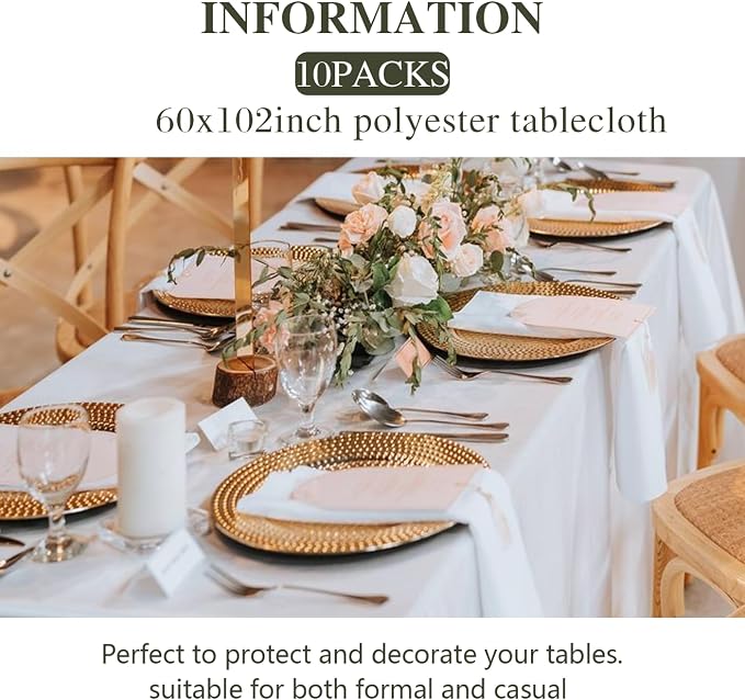 10 Pack White Table Cloth Rectangle 60 x 102 Inch, Rectangle Tablecloth for 6ft Tables, Stain and Wrinkle Resistant Polyester Washable Fabric Tablecloth for Wedding Banquet, Restaurant, Parties