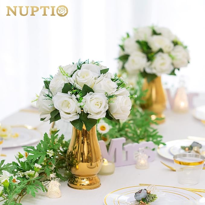 NUPTIO White Flower Centerpieces for Wedding Tables, Artificial Flower Ball | 6 Pcs 9.5 inch, Fake Floral Rose Arrangement for Birthday Party, Bridal Shower, Quinceanera Decorations