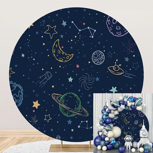Polyester Diameter 5.5ft Space Theme Round Backdrop Drawing Universe Cartoon Galaxy Starry Sky Roaming Background for Photography for Boys Children Birthday Party Decoration Photo Studio Props