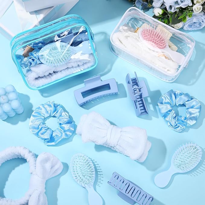 40 Pcs Bachelorette Favor Set Include Headband Scrunchies Hair Claw Clips Hairbrush and Makeup Bag for Bridal Shower Party Gifts Bridesmaid Wedding Supplies (White and Blue)
