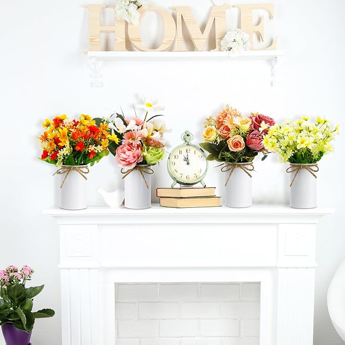 Rustic Vase for Table Centerpieces 4.33 Inch Small Petite Flower Vase with Twine Bow Vintage Farmhouse Decor for Wedding Reception Dining, Home Galvanized Metal Buckets(White,24 Pcs)