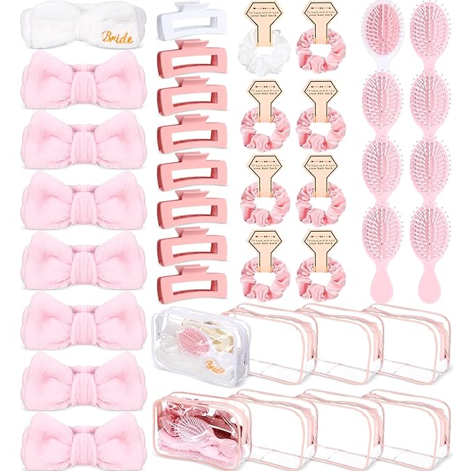 40 Pcs Bachelorette Favor Set Include Headband Scrunchies Hair Claw Clips Hairbrush and Makeup Bag for Bridal Shower Party Gifts Bridesmaid Wedding Supplies (White and Pink)