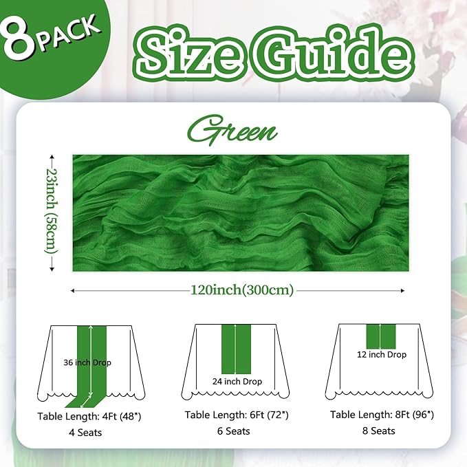 8 Pack Green Cheesecloth Table Runner 10ft Boho Gauze 120 Inch Cheese Cloth Table Runner Rustic Sheer for Spring Holiday Baby Shower Party Décor Home Wedding Decoration