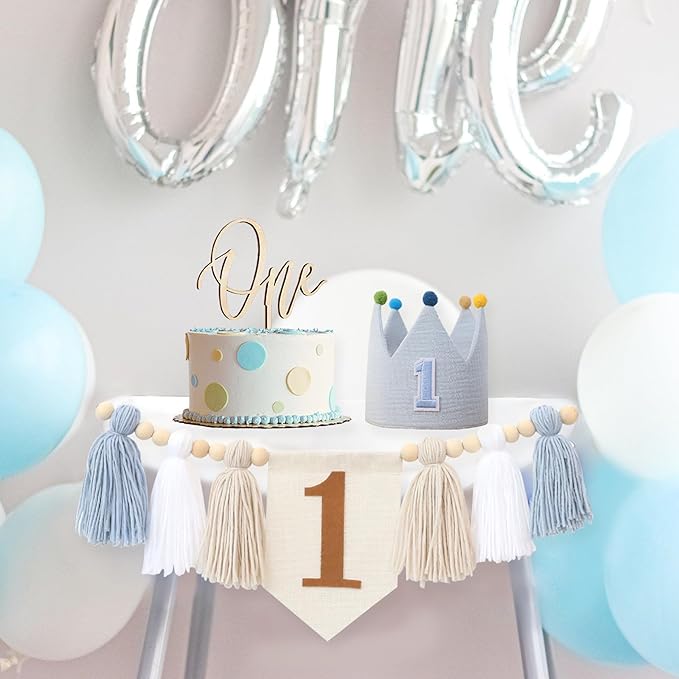Blue Baby Boy 1st High Chair Banner Wood Bead Tassel Garland Crown Hat Wooden Cake Topper Birthday Party Decorations
