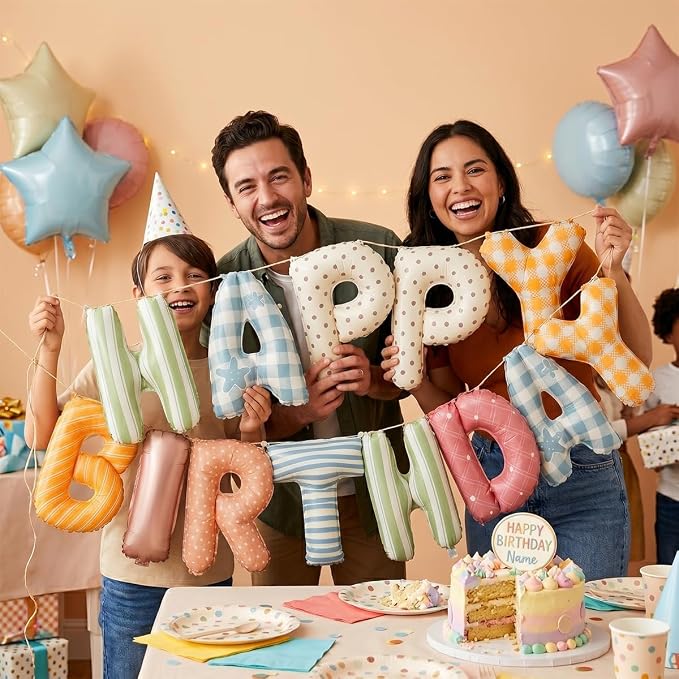 Colorful Happy Birthday Banner Foil Letter Balloon, 14 Inch 3D Plaid, Polka Dots, Stripes Patterned Reusable Mylar Foil Letters, Birthday Decorations (Birthday Banner 1)