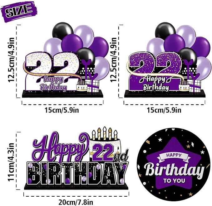 LINGTEER Happy 22nd Birthday Purple Acrylic Table Topper Centerpieces Set - Cheers to 22 Years Old Birthday 22nd Bday Party Gift Decorations.