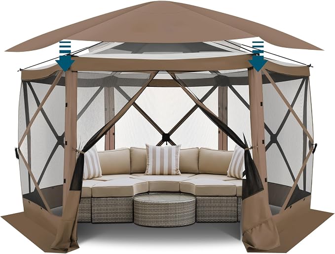 COBIZI 12x12 FT Pop Up Canopy Stargazing Tent, Gazebos On Clearance with Removable Roof,Instant Screened in Gazebo, Screen Tents Portable carpas para Patio for Outdoor Camping,Backyard, Garden, Brown