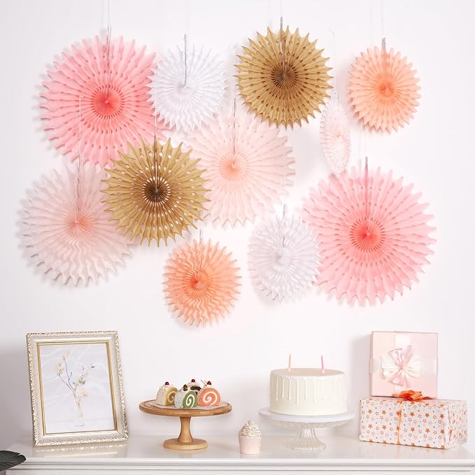 SUNBEAUTY 11Pcs Soft Pink Paper Fans Party Decorations for Wall, Reusable Large Spring Summer Hanging Paper Fans for Birthday Party Bachelorette Anniversary Wedding Bulletin board Photo Booth Backdrop