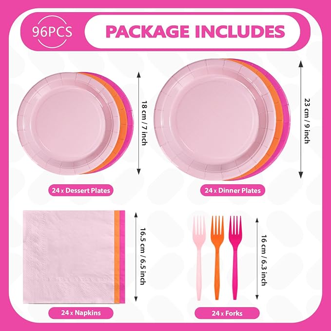 Grencian Pink and Orange Party Decorations Supplies 96Pcs Solid Color Paper Plates and Napkins Neon Disposable Hot Pink Orange Tableware for Sunset Birthday Party Graduation Decorations 2026 Serve 24