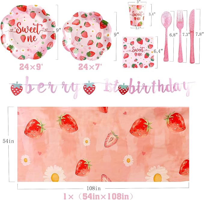 Strawberry First Birthday Decorations for Girl, Strawberry First Birthday Plates Serves 24, Strawberry Plates, Strawberry 1st Birthday Decorations, Berry Sweet One Birthday Party Decorations