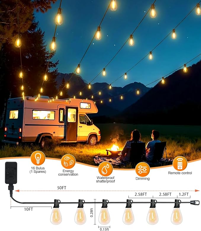 Tenmiro 50FT LED Outdoor String Lights with Remote,16+ 1 Shatterproof Bulbs Waterproof and Dimmable Patio Lights for Porch, Garden, Backyard, Deck, Balcony, Hanging Lighting Decor
