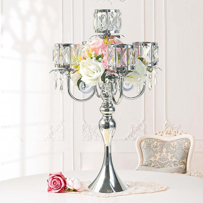 1PC Silver 5-Arm Crystal Pendant Metal Candle Holder with Square Crystal Bowl, 22-Inch Tall Wedding Table Centerpiece for Holiday Party Events, Christmas, Birthday Decorations