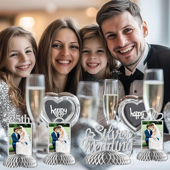 25th Wedding Anniversary Decorations, 25th Silver Wedding Photo Table Centerpieces Happy 25 Anniversary Table Toppers Honeycomb Decorations We Still do 25 Years Cheers to 25 Years Supplies