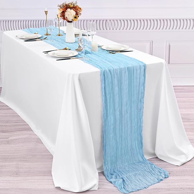 10 Pcs Baby Blue Cheesecloth Table Runner 10FT, Gauze Table Runner for Wedding Reception Sheer Bridal Shower Birthday Party Boho Table Decoration, Rustic Romantic Wedding Runner