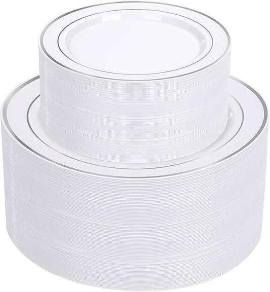 Supernal 102pcs White and Silver Plastic Plates Disaposable Party Plates White Silver Rim Heavy Duty Fancy Silver Plastic Dinnerware Set included 51 Dinner & Dessert Plates for Valentine's Day