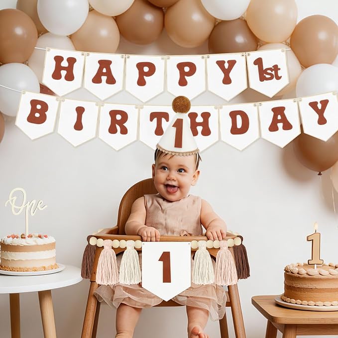THAWAY 1st Birthday Decorations, White Brown Bohemian Style High Chair Banner Set with Tassel Wood Bead, Birthday Hat & Wooden Cake Topper for One Year Old Party Supplies