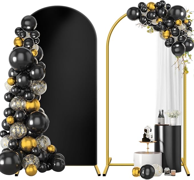 Metal Arch Backdrop Stand and Cover Set 7.2 ft, Wedding Arch Stand with Black Cover for Party, Birthday, Wedding, Bridal Shower, Baby Shower (Black, 7.2 ft)