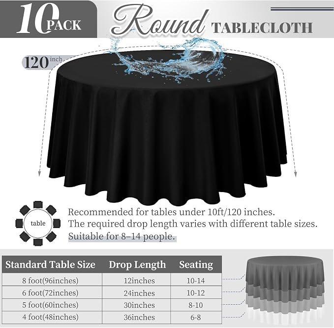 Pesonlook 10 Pack Black Round Tablecloth 120 Inch, Waterproof Polyester Fabric Table Cloth for Round Tables, Stain Wrinkle Resistant Tablecloths Washable Table Cover for Wedding Dining Party Banquet