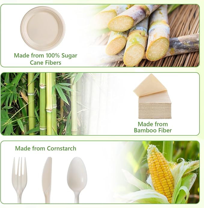 500Pcs Compostable Paper Plates Set Party Supplies Severs 100 Guests Disposable Party Plates Heavy-duty Utensil Disposable Party Plate Fork Knives Spoon Napkin Dinnerware for Birthday Wedding Camping