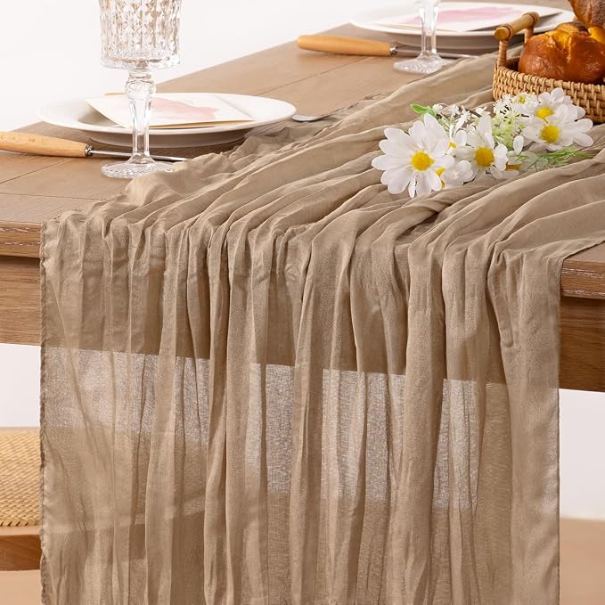 MLMC 2 Pack Nude Cheesecloth Table Runner 10ft Boho Gauze Taupe Cheese Cloth Table Runner Rustic Neutral Centerpiece Decor 35x120 Inches for Wedding Farmhouse Reception Home Decor
