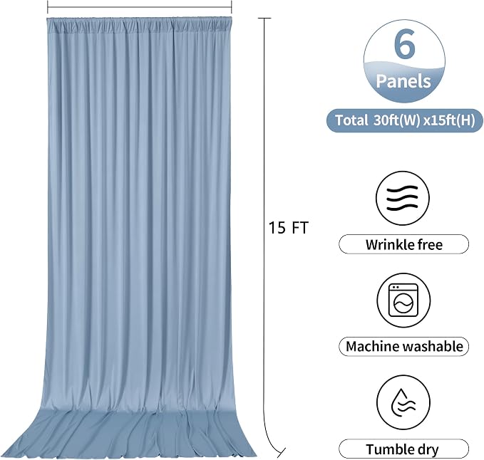 30ftx15ft Dusty Blue Backdrop Curtains for Parties, Wrinkle Free Polyester Photo Backdrop Drapes 6 Panels 15 ft Long Back Drop Cloth Drapery for Wedding Birthday Photography Background Party